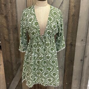 Milly Cabana Silk Blend Tunic Cover Up Green White Pom Trim Boho Resort